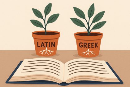 Open SAT and GRE prep books with highlighted Latin and Greek root words and vocabulary terms