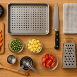 Organized kitchen countertop with cooking utensils, fresh vegetables, and meal prep ingredients