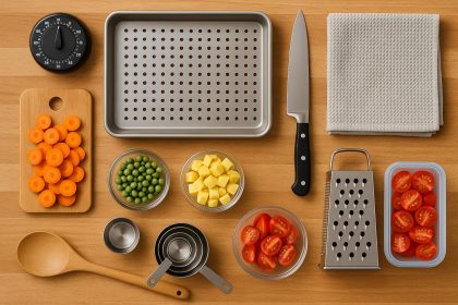 Organized kitchen countertop with cooking utensils, fresh vegetables, and meal prep ingredients