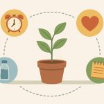 Mindful morning routine with journal, healthy breakfast, and calming plants promoting wellbeing