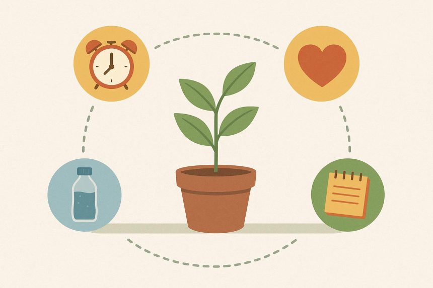 Mindful morning routine with journal, healthy breakfast, and calming plants promoting wellbeing
