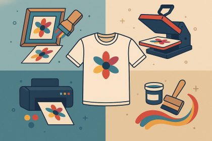 Various custom printed t-shirts, posters, and mugs showcasing different printing techniques