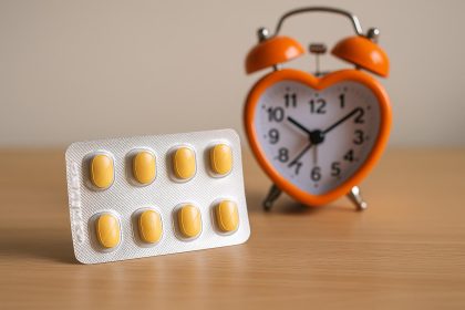 Cialis Daily pill bottle and calendar symbolizing spontaneous management of erectile dysfunction