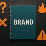 Branded notebooks with logos showing design flaws and professional solutions on a work desk