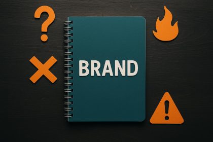Branded notebooks with logos showing design flaws and professional solutions on a work desk