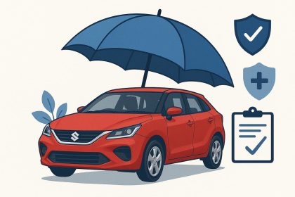Maruti Suzuki car with insurance policy documents highlighting key features and add-on benefits