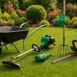 Well-maintained backyard with tools, lush plants, and vibrant flowers illustrating garden care tasks