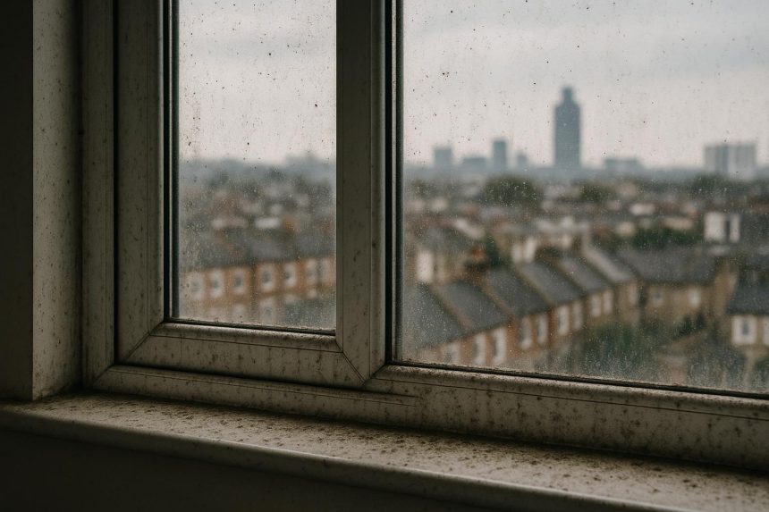 Dust and grime buildup on residential windows in South London neighborhoods