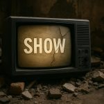 Television studio lights dimming over an abandoned set, symbolizing halted TV show production