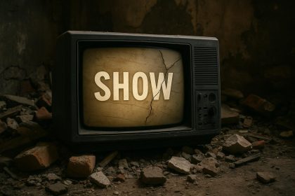 Television studio lights dimming over an abandoned set, symbolizing halted TV show production