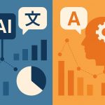 Artificial intelligence and human language translation comparison with data charts and graphs