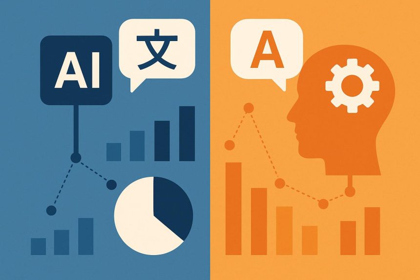 Artificial intelligence and human language translation comparison with data charts and graphs