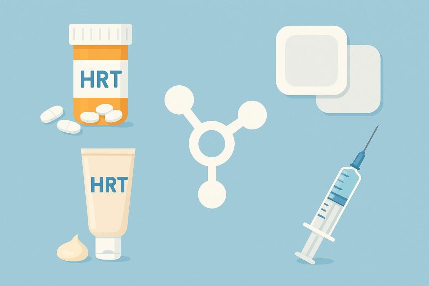 Various hormone replacement therapy options, including pills, patches, creams, and injections