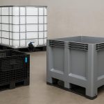 Bulk containers stacked in a warehouse for industrial storage and material handling solutions