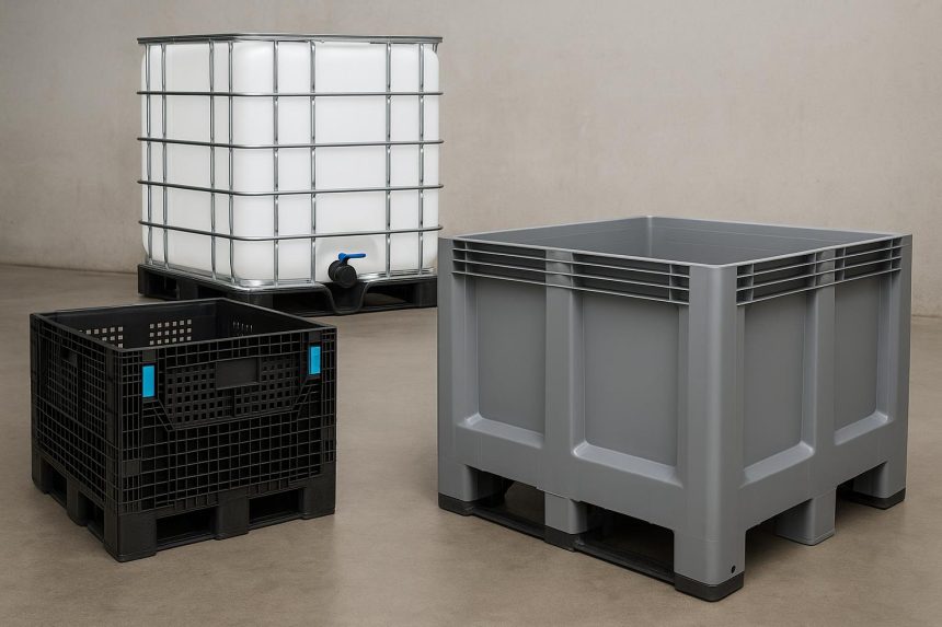 Bulk containers stacked in a warehouse for industrial storage and material handling solutions