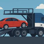 Enclosed auto transport truck carrying vehicles for car shipping and delivery services