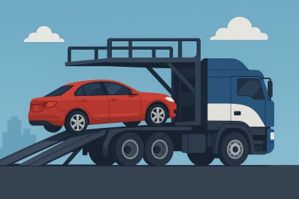 Enclosed auto transport truck carrying vehicles for car shipping and delivery services