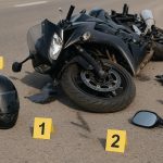 Damaged motorcycle and debris at accident scene illustrating evidence for injury claim.