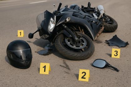 Damaged motorcycle and debris at accident scene illustrating evidence for injury claim.