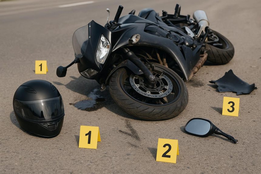 Damaged motorcycle and debris at accident scene illustrating evidence for injury claim.
