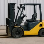 Yellow forklift parked at a construction site ready for temporary rental project use