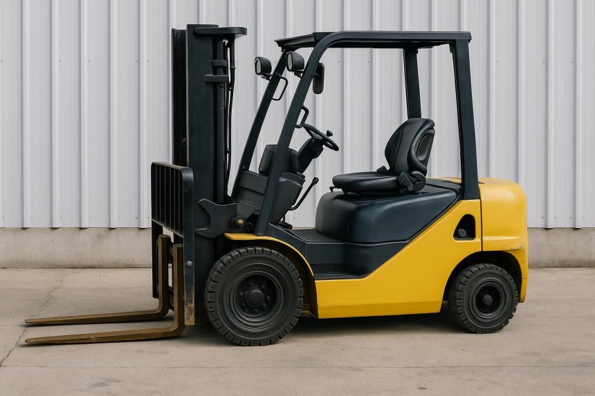 Yellow forklift parked at a construction site ready for temporary rental project use