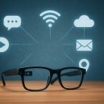 Modern smart glasses displaying augmented reality interface and wearable tech features