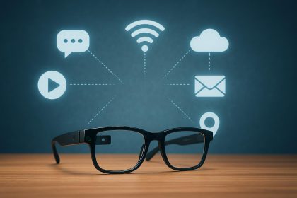 Modern smart glasses displaying augmented reality interface and wearable tech features