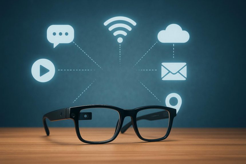 Modern smart glasses displaying augmented reality interface and wearable tech features