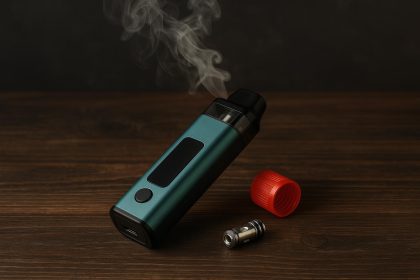 E-cigarette device emitting vapor, illustrating auto-firing vape malfunction and safety solutions