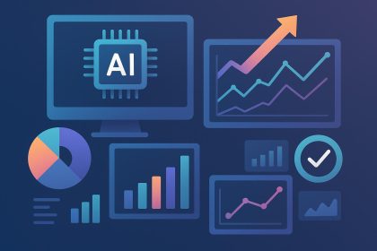 AI dashboard displaying analytics charts representing brand performance and measurement success
