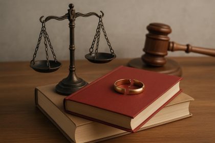 Lawyer consulting client about divorce paperwork, illustrating legal guidance during separation