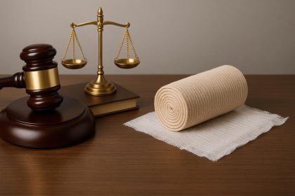 Lawyer reviewing burn injury case documents in an office setting with legal books nearby