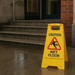 Wet floor sign on entryway in Springfield building highlighting slip and fall accident risk