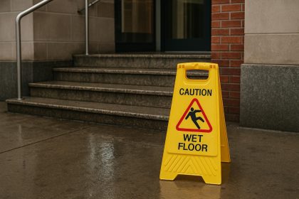 Wet floor sign on entryway in Springfield building highlighting slip and fall accident risk