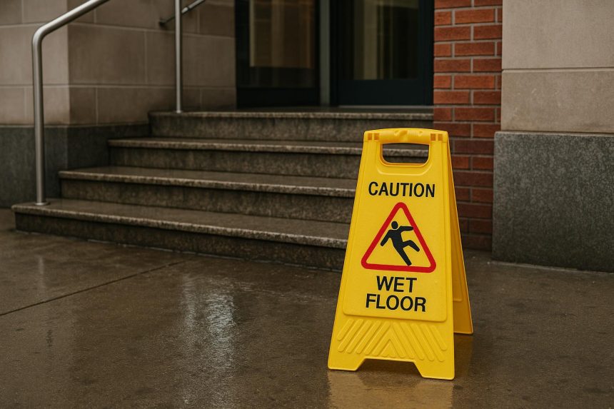 Wet floor sign on entryway in Springfield building highlighting slip and fall accident risk
