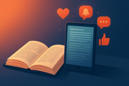 Open book and digital tablet side by side, illustrating content quality in the digital era
