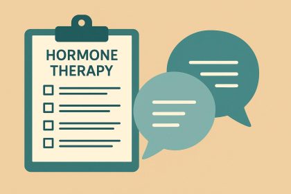 Hormone therapy discussion concept with medical symbols and communication elements