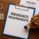 Dog sitting beside packed suitcases and lease agreement, highlighting pet-friendly rental insurance.