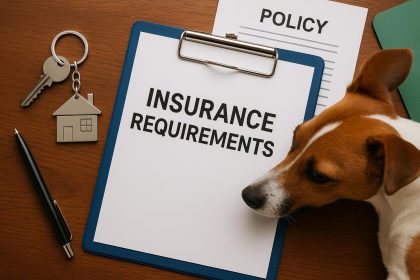 Dog sitting beside packed suitcases and lease agreement, highlighting pet-friendly rental insurance.