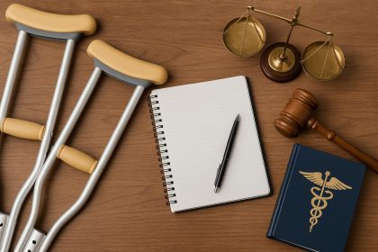 Scales of justice balancing legal documents and medical bills after an accident injury