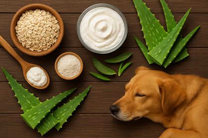Oatmeal and aloe soothing irritated dog skin with natural, gentle ingredients for relief