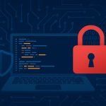 Computer code on screen with security lock icon, representing cybersecurity and code protection