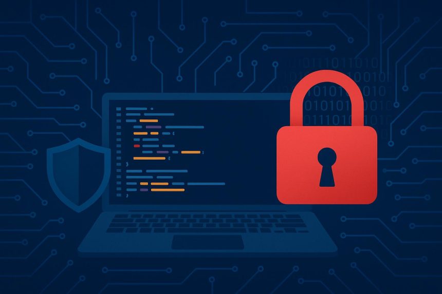 Computer code on screen with security lock icon, representing cybersecurity and code protection