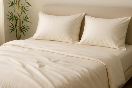 Soft luxury bamboo bed sheets neatly arranged on a modern bed in a stylish bedroom setting