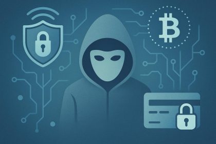 VPN security shield, cryptocurrency symbols, and secure payment icons illustrating digital anonymity