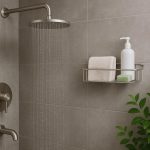 Modern shower with water streaming, lush green plants, and wellness products for healthy bathing