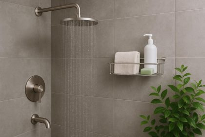 Modern shower with water streaming, lush green plants, and wellness products for healthy bathing