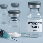 Vial of bacteriostatic water with peptide vial and syringe for research reconstitution purposes