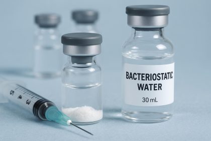 Vial of bacteriostatic water with peptide vial and syringe for research reconstitution purposes